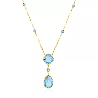 14k Yellow Gold Necklace with Pear-shaped and Cushion Blue Topaz Briolettes (18 Inch)