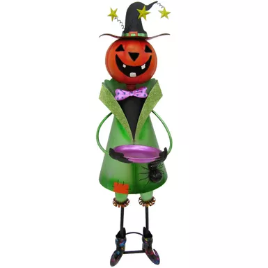 40-In. Iron Pumpkin-Head Witch Holding Candy Dish with Removable Yard Stake for Indoor or Outdoor Halloween Decoration