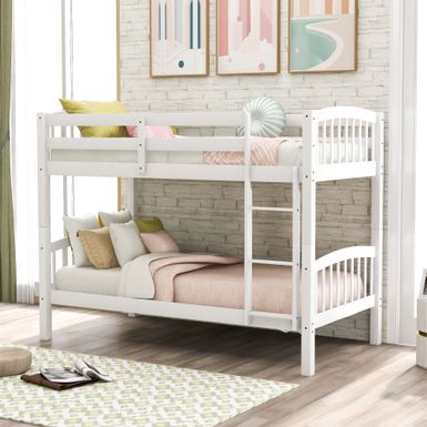 image of Nestfair Solid Wood Twin Over Twin Bunk Bed with Ladder - White with sku:3rqmpen8cc2yfi4bjh4argstd8mu7mbs--ovr