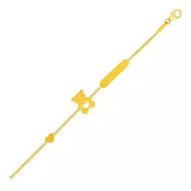 14k Yellow Gold Childrens Bracelet with Teddy Bear Heart and Bar (6 Inch)