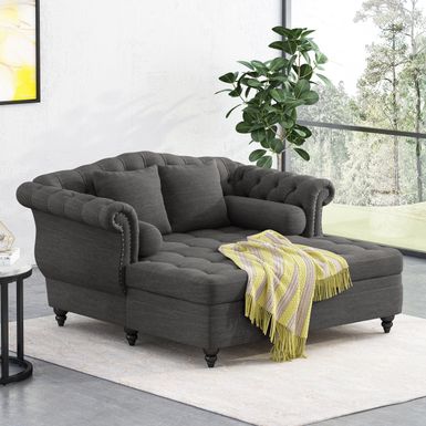 image of Wellston Tufted Double Chaise Lounge by Christopher Knight Home - 62.50" L x 58.50" W x 34.00" H - Charcoal + Dark Brown with sku:sev81jjzeq1xi4y6cmheiwstd8mu7mbs-overstock