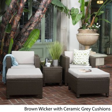 image of Puerta 5-piece Outdoor Wicker Chat Set with Water Resistant Cushions by Christopher Knight Home - Dark Brown + Beige with sku:1sxrblprkdgnyfkmh1gofqstd8mu7mbs-overstock