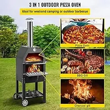 Outdoor Pizza Oven, 12" Wood Fire Oven, 2-Layer Pizza Oven Wood Fired, Wood Burning Outdoor Pizza Oven with 2 Removable Wheels, 700 Max Temperature Wood Fired Pizza Maker Ovens for Barbecue