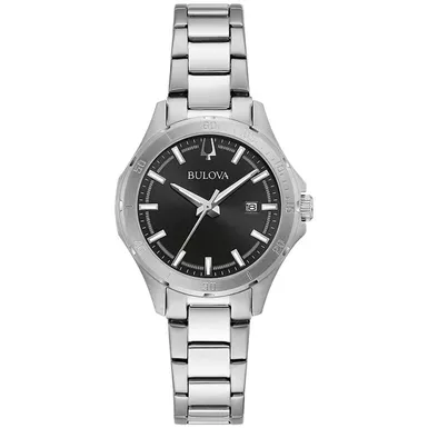 Bulova - Ladies Corporate Collection Silver-Tone Stainless Steel Watch Black Dial