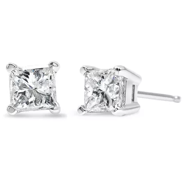 AGS Certified 14k White Gold 1/4 cttw 4-Prong Set Princess-Cut Solitaire Diamond Push Back Stud Earrings (G-H Color, SI2-I1 Clarity)