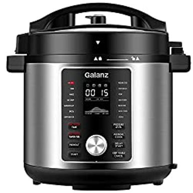 image of Galanz 12-in-1 Electric Pressure Cooker & Air Fryer with 12 Preset Programs Including Slow Cook, AirFry, Dehydrate, Rice, Grill, Roast, Steam, Beans, Stew, Warm, 6 Qt, 1000W/1500W, Stainless Steel with sku:b09jlj74fs-amazon