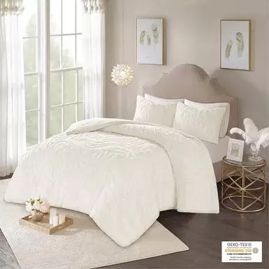 image of Off-White Laetitia 3-Piece Tufted Cotton Chenille Medallion Comforter Set King/Cal King with sku:mp10-5874-olliix