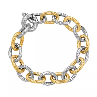 18k Yellow Gold and Sterling Silver Rhodium Plated Diamond Cut Chain Bracelet (7.75 Inch)