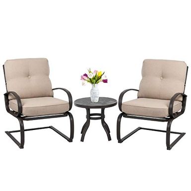 image of Shintenchi 3-Piece Outdoor Patio Bistro Set, C-Springs Metal Motion Chairs and Bistro Table Set, Round Table Cafe Furniture with Wrought Iron Seat Conversation Set, Beige Cushions with sku:b085233ytf-shi-amz