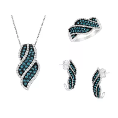 image of Sterling Silver and Treated Blue Diamond Jewelry Set: Ring, Pendant Necklace, and Earrings (Blue, I1-I2) with sku:016906swbd-luxcom