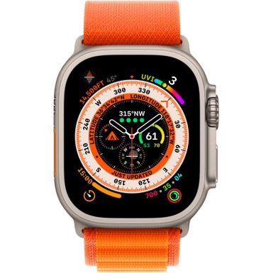 Angle Zoom. Apple Watch Ultra (GPS + Cellular) 49mm Titanium Case with Orange Alpine Loop - Medium - Titanium