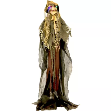 Life-Size Scarecrow Witch Prop with Lights and Sound, Indoor or Covered Outdoor Halloween Decoration