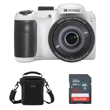 image of KODAK PIXPRO Astro Zoom AZ255 16MP Full HD Digital Camera, White, Bundle with Shoulder Bag and 32GB Memory Card with sku:ikkaz255whk-adorama