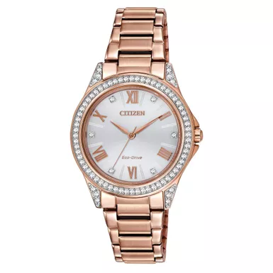 Citizen - Ladies POV Eco-Drive Crysal Pink Gold-Tone Stainless Steel Watch Silver Dial