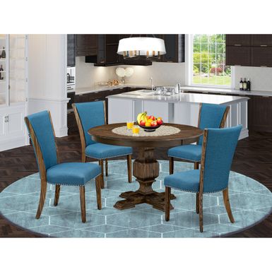 image of East West Furniture Dining Set - Pedestal Table and Blue Parson Chairs with High Back - Distressed Jacobean (Pieces Option) - F3VE5-721 with sku:wsdhkbmzu1ffd5vlpnwzyqstd8mu7mbs-overstock