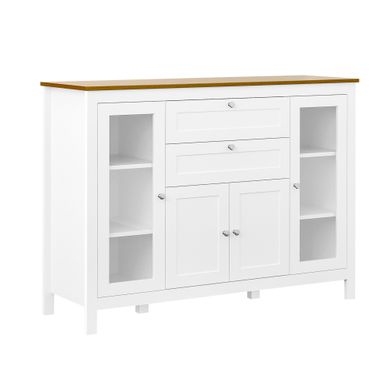 HOMCOM 47" Modern Buffet Cabinet, Storage Sideboard with Glass Door, Pull-Out Drawers and Adjustable Shelving for Kitchen - White