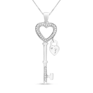 image of .925 Sterling Silver 1/4 Cttw Diamond Lock & Key heart 18" Pendant Necklace (I-J Color, I3 Clarity) with sku:80-8669wdm-luxcom