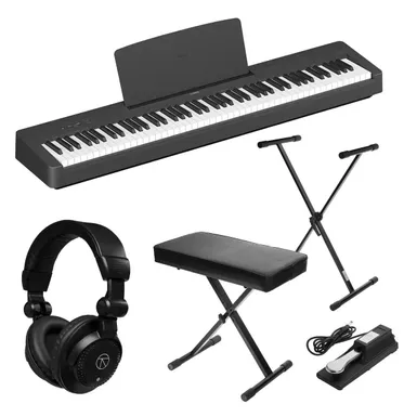 image of Yamaha P-143 88-Note Digital Piano with Weighted GHS Action, Bundle with Headphones and Stand/Bench Pack with sku:yap143bk-adorama