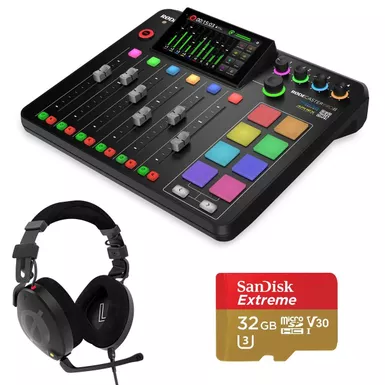 image of Rode RODECaster Pro II Integrated Audio Production Studio Console, Bundle with NTH-100M Headphones and 32GB microSDHC Memory Card with sku:rdrcpiib-adorama