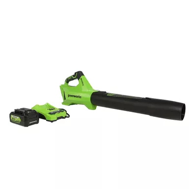image of Greenworks - 24-Volt 110 MPH 450 CFM Cordless Handheld Blower (1 x 4.0Ah Battery and 1 x  Charger) - Black/Green with sku:bb22064769-bestbuy