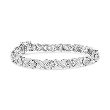 image of Sterling-Silver 1ct TDW Round and Baguette Diamond X-Link Tennis Bracelet (I-J, I2-I3) with sku:60-7944wdm-luxcom