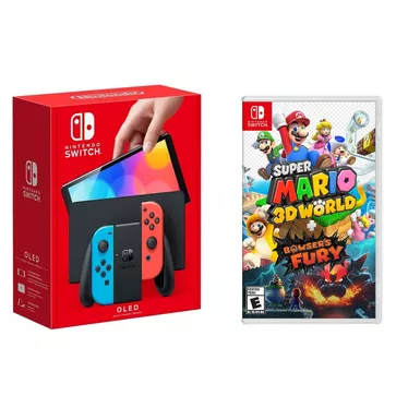 image of Nintendo - Switch OLED Neon (Red/Blue) + Super Mario 3D World Bowsers Fury BUNDLE with sku:nswolne3dw-floridastategames