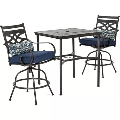 image of Montclair 3pc High Dining: 2 Swivel Chairs, 33" Square High Dining Table with sku:mclrdn3pcbrsw2-nvy-almo