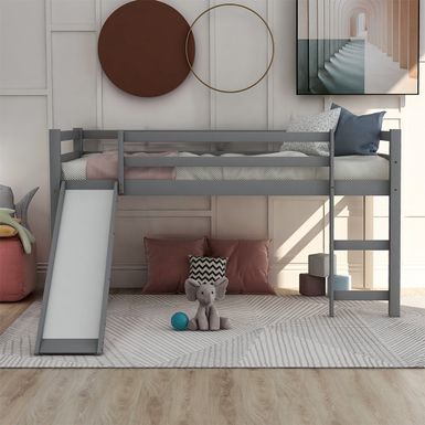 image of Merax Twin Loft Bed with Slide, Ladder - Grey with sku:mspmbtqnqxshi0ylvuinuwstd8mu7mbs-overstock
