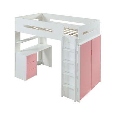 Twin Loft Bed With Desk and Shelf - White, Pink