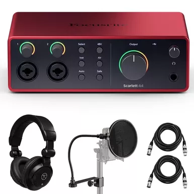 image of Focusrite Scarlett 4i4 4th Gen USB Interface with Software Suite, Bundle with TAPH100 Headphones, 2x 15' XLR Microphone Cable with sku:framscr4i4k1-adorama