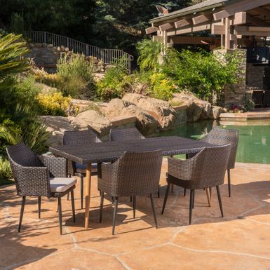 Rylan Outdoor 7-piece Rectangle Dining Set with Cushions by Christopher Knight Home - Multibrown + Textured Beige