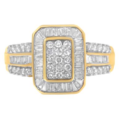 image of 10K Yellow Gold 1ct TDW Round and Baguette cut Diamond Cluster Ring (I-J,SI1-SI2) Choice of size with sku:015829r800-luxcom
