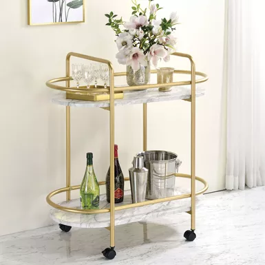 image of Contemporary Modern Metal 2-Shelf Serving Cart in Gold/White with sku:idf-ac257-foa