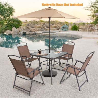 image of 6 PCS Patio Dinning Set with 4 Folding Chairs, Glass Table and Tan Umbrella without Base - Brown - 6-Piece Sets with sku:l4tzrlqzlrzdrw6vkckdfgstd8mu7mbs-overstock