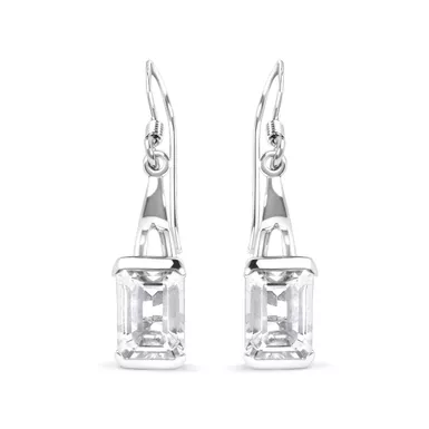 .925 Sterling Silver 3.0 Cttw Emerald Cut White Topaz Solitaire Dangle Earring - AAA Quality