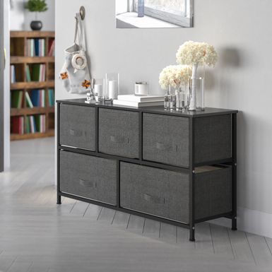 image of 5 Drawer Storage Chest with Wood Top & Dark Fabric Pull Drawers - Black/Gray with sku:nybc9osyv52ryihpyfdkxwstd8mu7mbs-fla-ovr