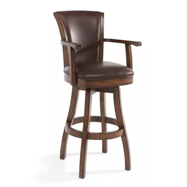 image of Raleigh 26" Counter Height Swivel Kahlua Faux Leather and Chestnut Wood Arm Bar Stool with sku:lcrabaarkach26-armen