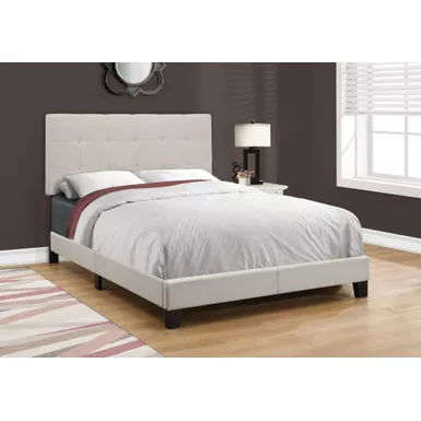 Bed/ Full Size/ Platform/ Bedroom/ Frame/ Upholstered/ Linen Look/ Wood Legs/ Beige/ Black/ Transitional