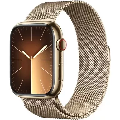 image of Apple Watch Series 9 (GPS + Cellular) 45mm Gold Stainless Steel Case with Gold Milanese Loop - Gold with sku:bb22092681-bestbuy