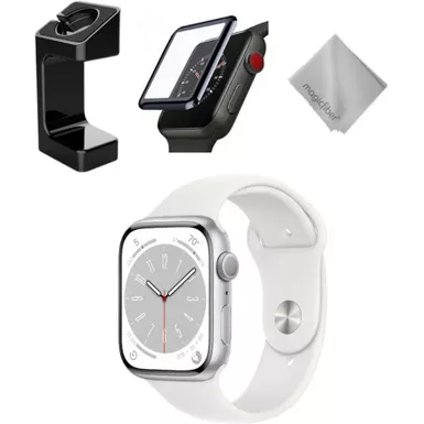 image of Apple Watch Series 8 GPS 41mm Silver Aluminum Case with White Sport Band S/M White Bundle with sku:mp6l3b-streamline