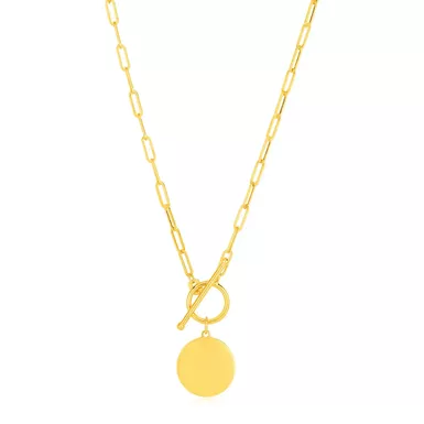 14k Yellow Gold Paperclip Chain Necklace with Circle Pendant