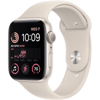image of Apple Watch SE 2nd Generation (GPS) 44mm Aluminum Case with Starlight Sport Band - S/M - Starlight with sku:bb21207297-6340241-bestbuy-apple