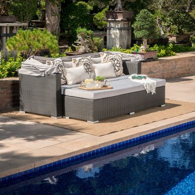 image of Glaros Outdoor Aluminum  Wicker Sofa with Water Resistant Canopy and Cushions by Christopher Knight Home - grey + silver cushion with sku:b07cgkzvnh-chr-amz