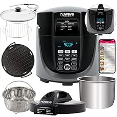 image of NuWave Duet Electric Pressure Cooker & Air Fryer Combo, 450 IN 1 Slow Cooker & Grill with Integrated Digital Temp Probe, 6qt SS Pot, Adjustable High/Low Pressure, Built-in Sure-Lock Safety Tech with sku:b0ckkd1gxw-amazon