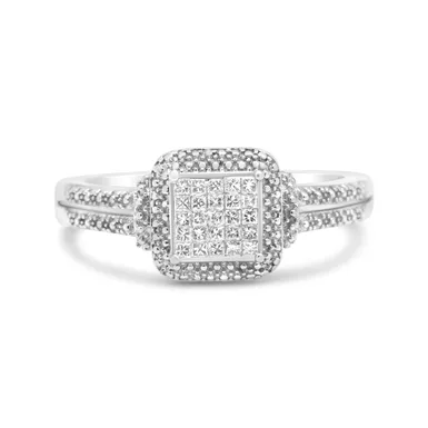 .925 Sterling Silver 1/4 Cttw Princess-cut Diamond Composite Ring with Beaded Halo (H-I Color, SI1-SI2 Clarity) - Size 5