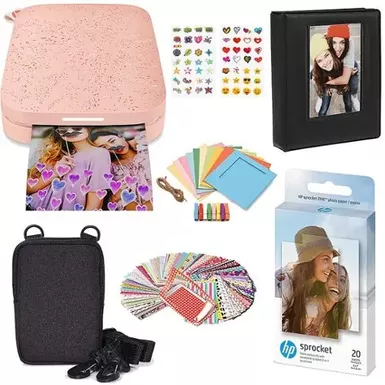 image of HP - Sprocket Portable Photo Printer Gift Bundle with 2"x3" Zink Photo Paper, Deluxe Case, Album & More! - Pink with sku:bb21927024-bestbuy