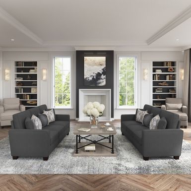 Stockton 86W L Shaped Sectional Couch by Bush Furniture - Cream Herringbone