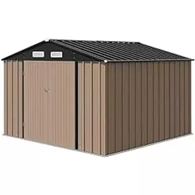 image of 10.4'x12' Outdoor Storage Shed, Large Garden Shed, with Slooping Roof and 4 Vents. Updated Reinforced and Lockable Doors Frame Metal Storage Shed for Patiofor Backyard, Patio, Garage, Lawn, Brown with sku:b0cy29f1tj-amazon
