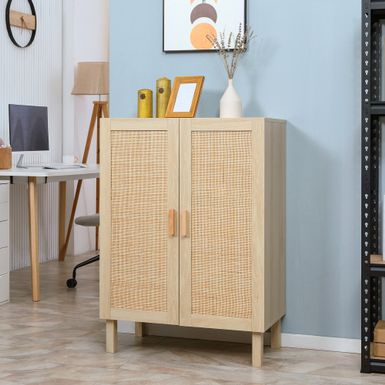 image of HOMCOM Kitchen Cabinet, Storage Cabinet, Sideboard Floor Accent Cabinet w/ 2 Rattan Doors & Adjustable Shelves - Natural Wood with sku:0wsjg-zosuvbpfyspt9_oqstd8mu7mbs-aos-ovr