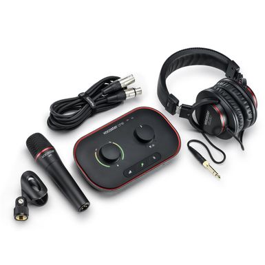 image of Focusrite Vocaster One Studio Essential Podcasting Kit with Vocaster DM1 Microphone and HP60v Headphones with sku:framsvcstr1s-adorama